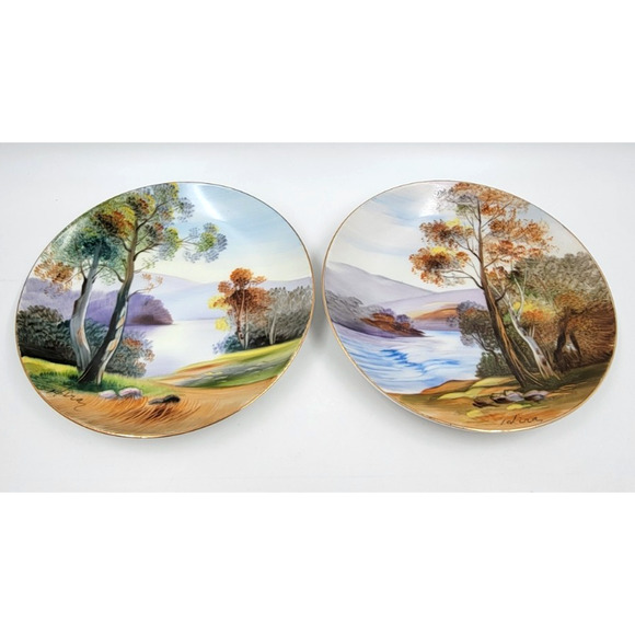 Two UCAGCO China Hand Painted Landscape Plates Gold Trim Japan 1950s Signed Art - Picture 5 of 10